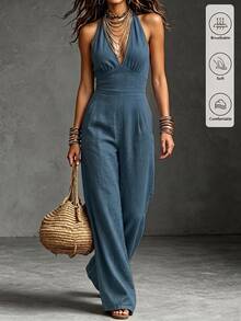 EMERY ROSE Women's Denim Effect Backless Halter Neck Jumpsuit - Blue - View 2