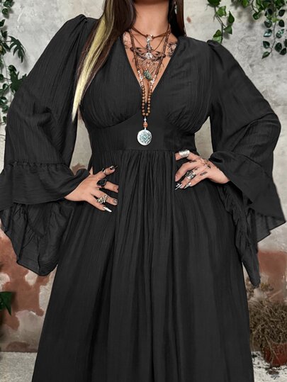Whyspr Gaun Maxi Elegan dengan Leher V, Pinggang Ramping, dan Lengan Mengembang untuk Musim Gugur