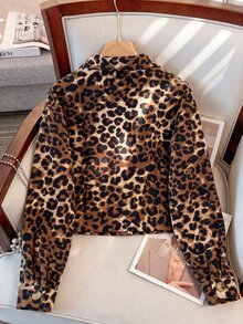 SHEIN Franclia 女款休閒秋季新款豹紋天鵝絨長袖翻領夾克，日常穿著 - 棕色 - 查看 2