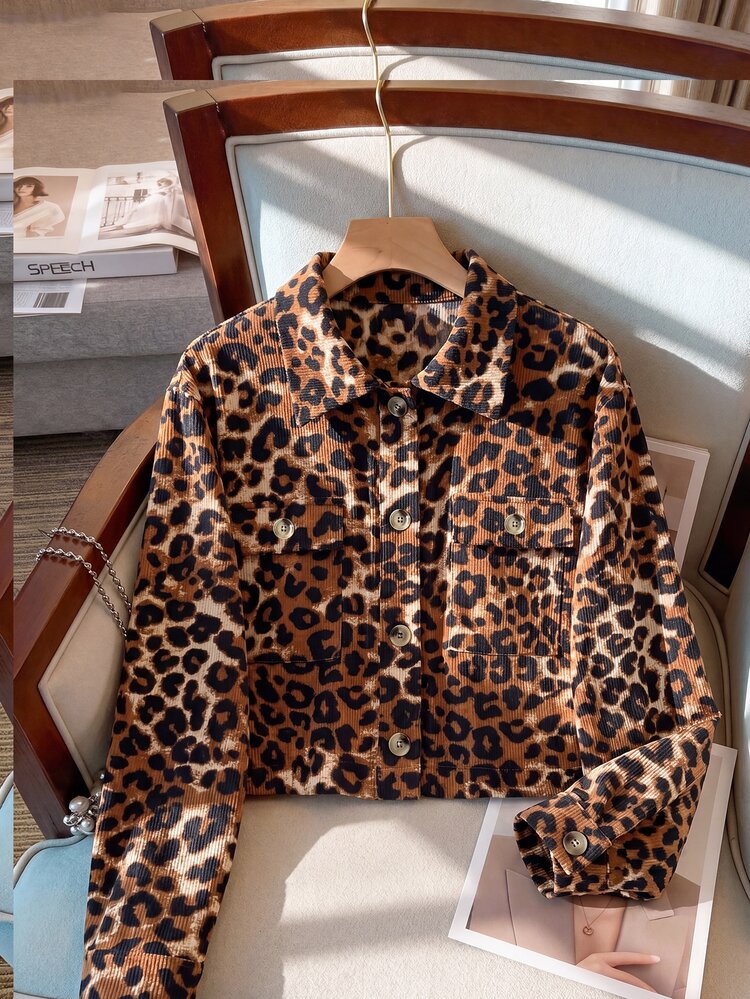 SHEIN Women's Casual Autumn New Leopard Print Velvet Long Sleeve Lapel Jacket, Everyday Wear - Brown - View 1