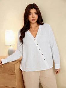 Edennvi Plus Size Women's V-Neck Asymmetric Design Long Sleeve Top, Minimalist Casual Style, Versatile For Daily Commute, Office, Travel, Party, Beach, Vacation, Holiday, Graduation Season And More - White - View 7