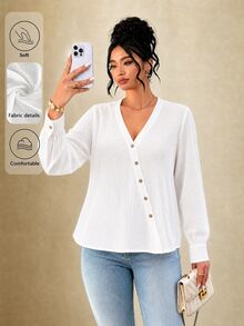 Edennvi Plus Size Women's V-Neck Asymmetric Design Long Sleeve Top, Minimalist Casual Style, Versatile For Daily Commute, Office, Travel, Party, Beach, Vacation, Holiday, Graduation Season And More - White - View 9