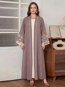 Al Najma Loose Casual Embroidered Tassel Cuff Daily Women's Arabic Abaya - Dusty Purple - View 6
