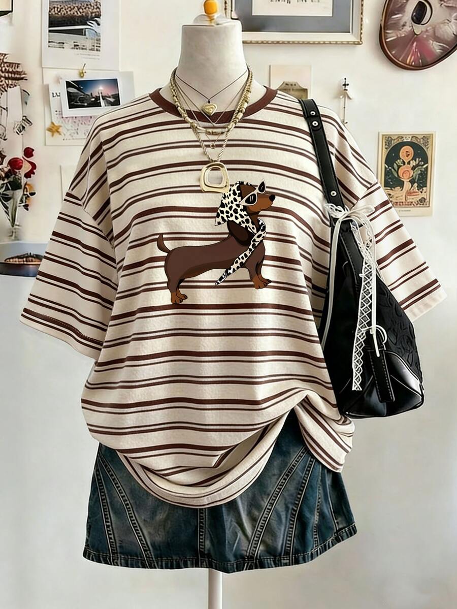Lalippa 女士休闲户外运动宽松T恤,夏季新款,条纹豹纹印花,卡其色和棕色,超大短袖T恤 - 彩色 - 查看 1