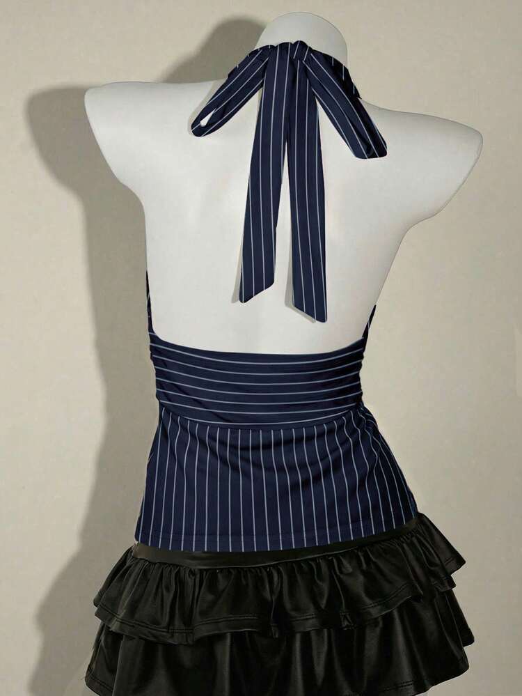 SHEIN ICON Neck Tie Deep V-Neck Cinched Waist A-Line Backless Vintage Print Camisole - Navy Blue - View 2