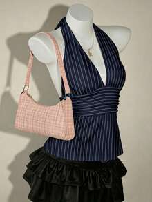 SHEIN ICON 领带深V领收腰A字露背复古印花吊带衫 - 藏蓝色 - 查看 4