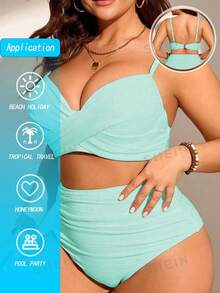 SHEIN Swim Curve 大码女式两件套纯色褶皱吊带背心式泳衣套装，时尚简约，度假必备 - 薄荷綠 - 查看 3