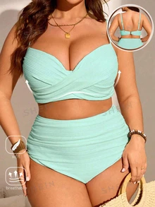 SHEIN Swim Curve 大码女式两件套纯色褶皱吊带背心式泳衣套装，时尚简约，度假必备 - 薄荷綠 - 查看 1