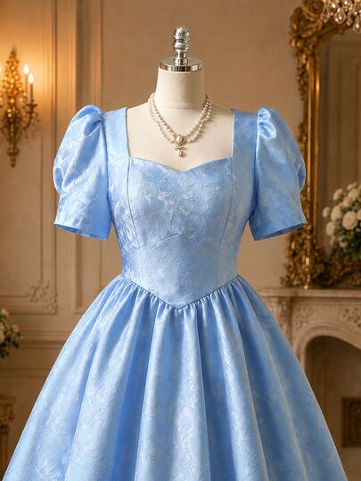 Rometta Women's Plus Size Square Neck Puff Sleeve Cinched Waist Shirred Back Gathered Full Skirt Floral Texture Princess Style Dress, Suitable For Outings, Gatherings, Birthday Parties, Evening Events, Elegant Long Dress