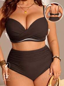 SHEIN Swim Curve 大尺碼女款兩件式純色聚攏胸部時尚極簡分體泳衣度假套裝 - 棕色 - 查看 2