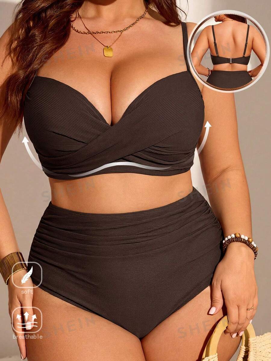 SHEIN Swim Curve 大尺碼女款兩件式純色聚攏胸部時尚極簡分體泳衣度假套裝