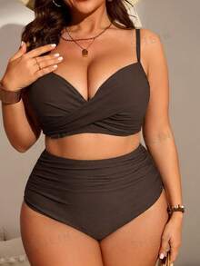 SHEIN Swim Curve 大尺碼女款兩件式純色聚攏胸部時尚極簡分體泳衣度假套裝 - 棕色 - 查看 6