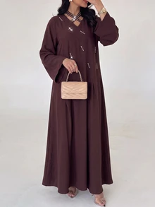 Yasmyna Gaun Abaya Wanita Berhiaskan Berlian Imitasi, Leher V, Lengan Mengembang, Longgar, Polos, Muslimah, Gaun Panjang Musim Gugur untuk Pernikahan dan Perjamuan - Red Violet - View 7