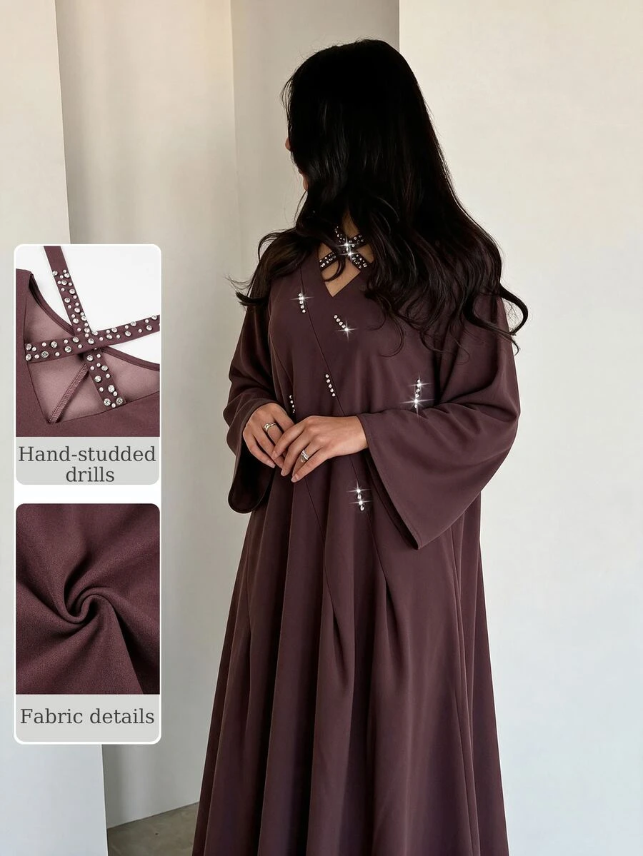 Yasmyna Gaun Abaya Wanita Berhiaskan Berlian Imitasi, Leher V, Lengan Mengembang, Longgar, Polos, Muslimah, Gaun Panjang Musim Gugur untuk Pernikahan dan Perjamuan - Red Violet - View 1