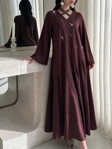 Yasmyna Gaun Abaya Wanita Berhiaskan Berlian Imitasi, Leher V, Lengan Mengembang, Longgar, Polos, Muslimah, Gaun Panjang Musim Gugur untuk Pernikahan dan Perjamuan - Red Violet - View 10
