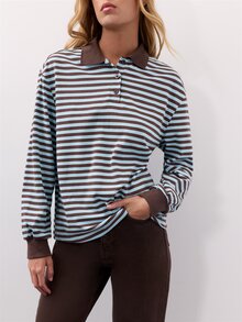 Nöista Striped, Loose-Fitting, Long-Sleeved Polo Shirt. Casual, Preppy. Versatile, School, Commuting, Shopping, Travel, Fall, Going Out. Light Blue - Blue - View 2