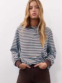 Nöista Striped, Loose-Fitting, Long-Sleeved Polo Shirt. Casual, Preppy. Versatile, School, Commuting, Shopping, Travel, Fall, Going Out. Light Blue - Blue - View 1