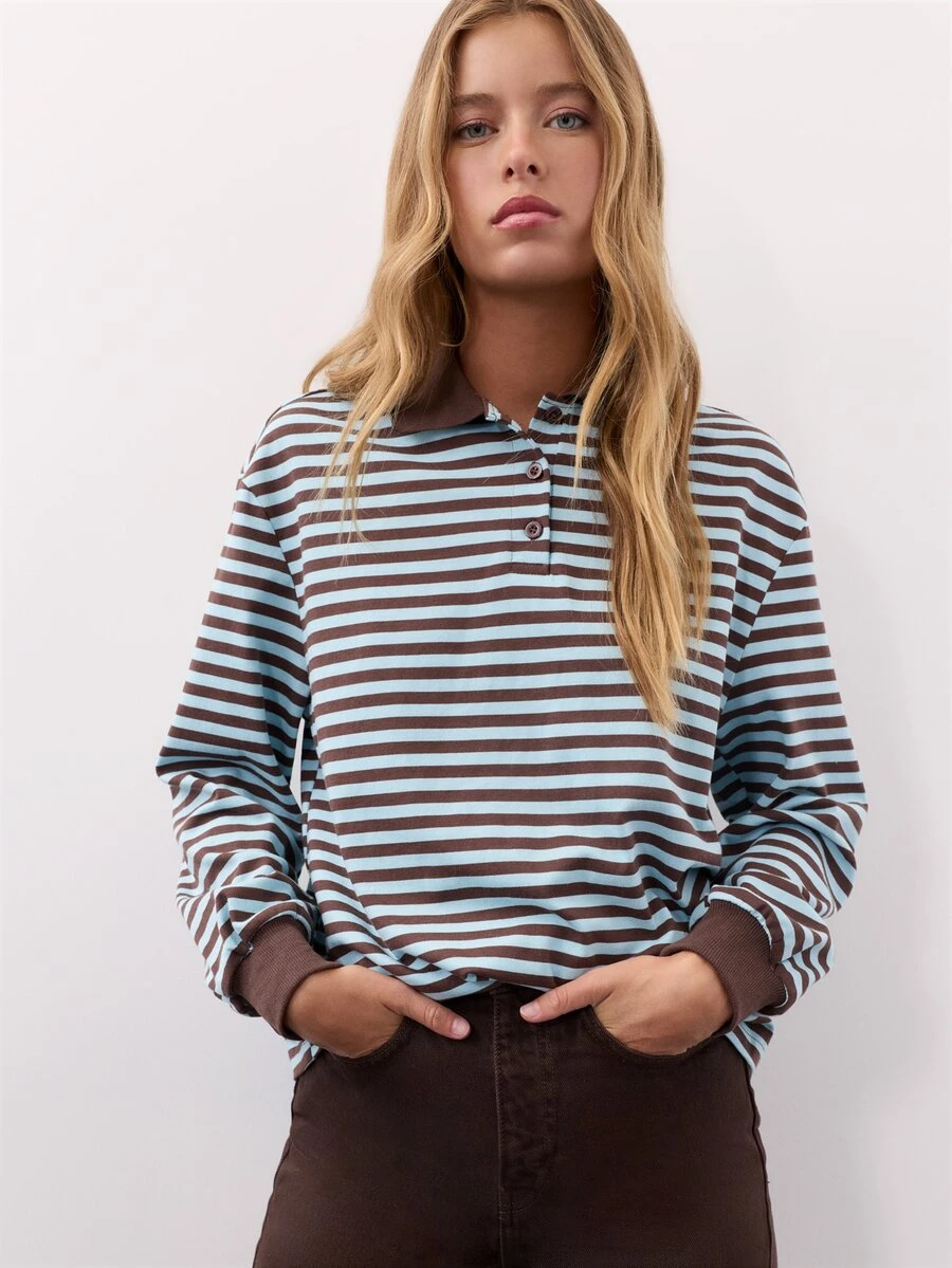 Nöista Striped, Loose-Fitting, Long-Sleeved Polo Shirt. Casual, Preppy. Versatile, School, Commuting, Shopping, Travel, Fall, Going Out. Light Blue - Blue - View 1