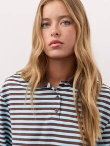 Nöista Striped, Loose-Fitting, Long-Sleeved Polo Shirt. Casual, Preppy. Versatile, School, Commuting, Shopping, Travel, Fall, Going Out. Light Blue - Blue - View 7