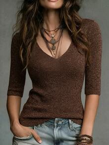 SHEIN 女款春秋新款極簡閃光線條羅紋針織T恤，缺口領V領中袖復古修身款 - 棕色 - 查看 5