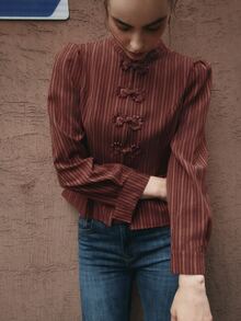 Nöista Dark Red Striped, Chinese Button-Down, Fitted Waist, Ruffled Long-Sleeved Shirt. Elegant. Casual, Festive Gatherings. Fall Winter, Going Out.. - Burgundy - View 7