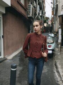 Nöista Dark Red Striped, Chinese Button-Down, Fitted Waist, Ruffled Long-Sleeved Shirt. Elegant. Casual, Festive Gatherings. Fall Winter, Going Out.. - Burgundy - View 8