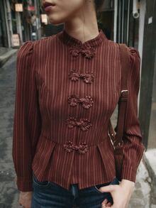 Nöista Dark Red Striped, Chinese Button-Down, Fitted Waist, Ruffled Long-Sleeved Shirt. Elegant. Casual, Festive Gatherings. Fall Winter, Going Out.. - Burgundy - View 2