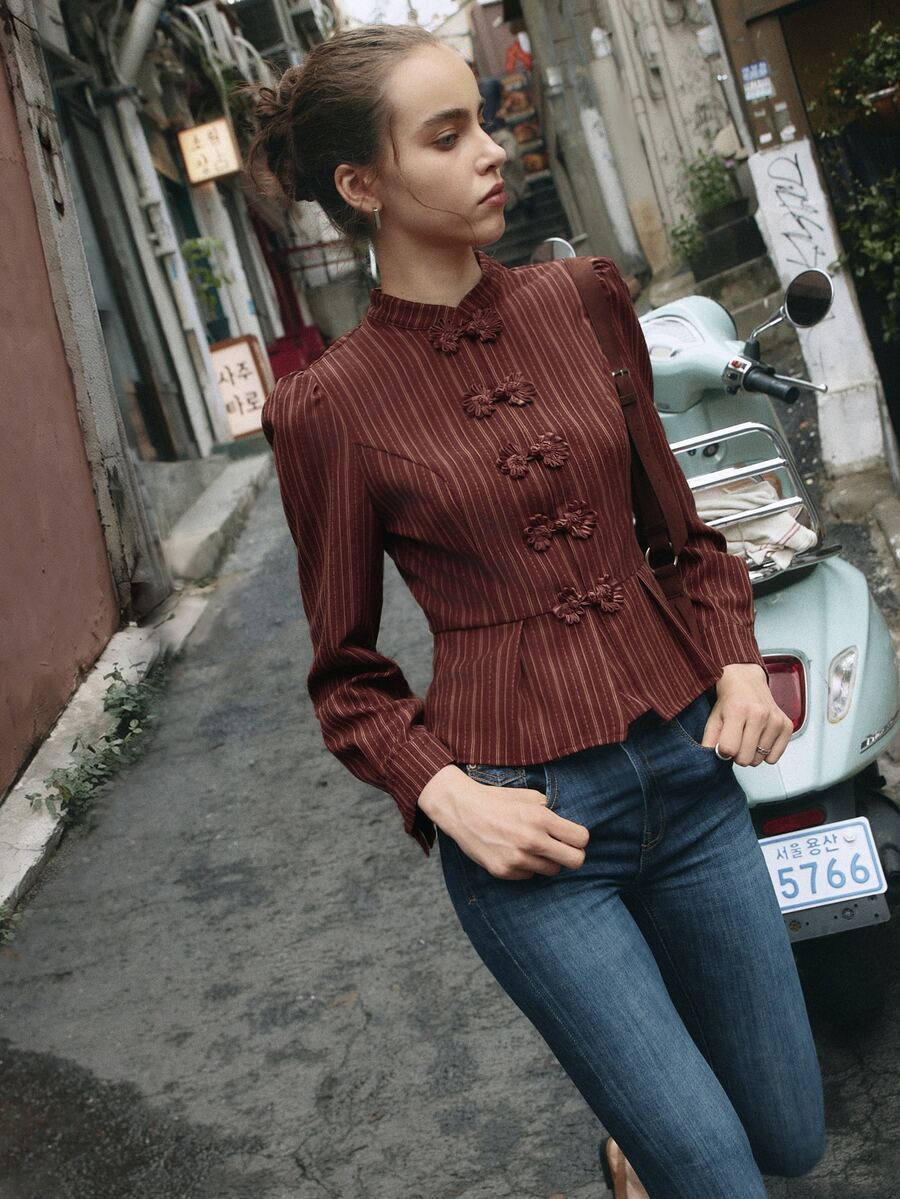 Nöista Dark Red Striped, Chinese Button-Down, Fitted Waist, Ruffled Long-Sleeved Shirt. Elegant. Casual, Festive Gatherings. Fall Winter, Going Out.. - Burgundy - View 1