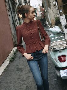 Nöista Dark Red Striped, Chinese Button-Down, Fitted Waist, Ruffled Long-Sleeved Shirt. Elegant. Casual, Festive Gatherings. Fall Winter, Going Out.. - Burgundy - View 3