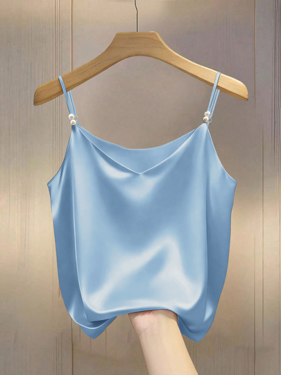 GlowEve Elegant Commuter Chic French Style V-Neck Satin Camisole Top With Pearl Decor For Women