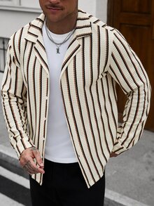 Manfinity CasualCool 男士米色夏季休閒度假條紋華夫格襯衫，經典鈕扣式長袖紋理領襯衫，復古戶外上衣 - 彩色 - 查看 5