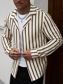 Manfinity CasualCool 男士米色夏季休閒度假條紋華夫格襯衫，經典鈕扣式長袖紋理領襯衫，復古戶外上衣 - 彩色 - 查看 4