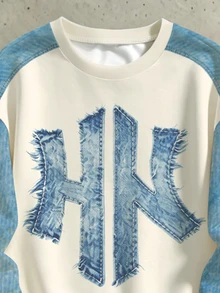 男孩字母印花拼接運動衫與運動長褲套裝，圓領長袖 2 件套服裝 - 彩色 - 查看 7