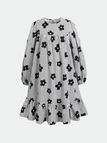 SHEIN 兒童青少年女孩黑色與白色條紋花卉印花圓領長袖寬鬆A字裙擺荷葉邊休閒優雅學院風連身裙 - 黑與白 - 查看 7