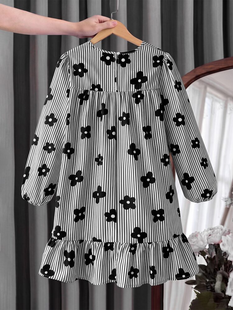 SHEIN Kids Tween Girl Girls Black Tween Girl & White Striped Floral Print Round Neck Long Sleeve Loose A-Line Ruffle Hem Casual Elegant Preppy -Length Dress - Black and White - View 3