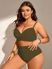 SHEIN Swim Curve 大码女式两件套纯色褶皱细肩带比基尼套装，时尚简约度假泳装 - 軍綠色 - 查看 4