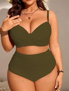 SHEIN Swim Curve 大码女式两件套纯色褶皱细肩带比基尼套装，时尚简约度假泳装 - 軍綠色 - 查看 6