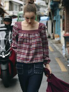 Nöista Kemeja kotak-kotak longgar, sempurna untuk gaya retro dan awet muda. Gaya Prancis yang imut, kasual, lengan berkerut, serbaguna. Cocok untuk musim gugur/musim dingin. - Red Violet - View 4