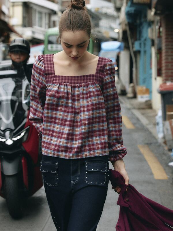 Nöista Autumn Casual Plaid Lantern Sleeve Blouse