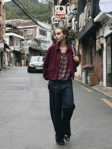 Nöista Kemeja kotak-kotak longgar, sempurna untuk gaya retro dan awet muda. Gaya Prancis yang imut, kasual, lengan berkerut, serbaguna. Cocok untuk musim gugur/musim dingin. - Red Violet - View 8