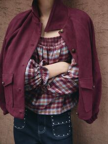 Nöista Kemeja kotak-kotak longgar, sempurna untuk gaya retro dan awet muda. Gaya Prancis yang imut, kasual, lengan berkerut, serbaguna. Cocok untuk musim gugur/musim dingin. - Red Violet - View 5