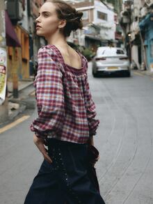 Nöista Kemeja kotak-kotak longgar, sempurna untuk gaya retro dan awet muda. Gaya Prancis yang imut, kasual, lengan berkerut, serbaguna. Cocok untuk musim gugur/musim dingin. - Red Violet - View 1