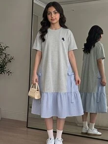 SHEIN 少女騎士印花兒童條紋拼接 2 合 1 短袖洋裝 - 淺灰色 - 查看 1