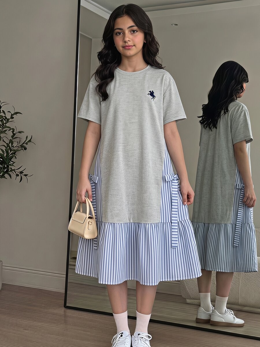 SHEIN 少女騎士印花兒童條紋拼接 2 合 1 短袖洋裝 - 淺灰色 - 查看 1
