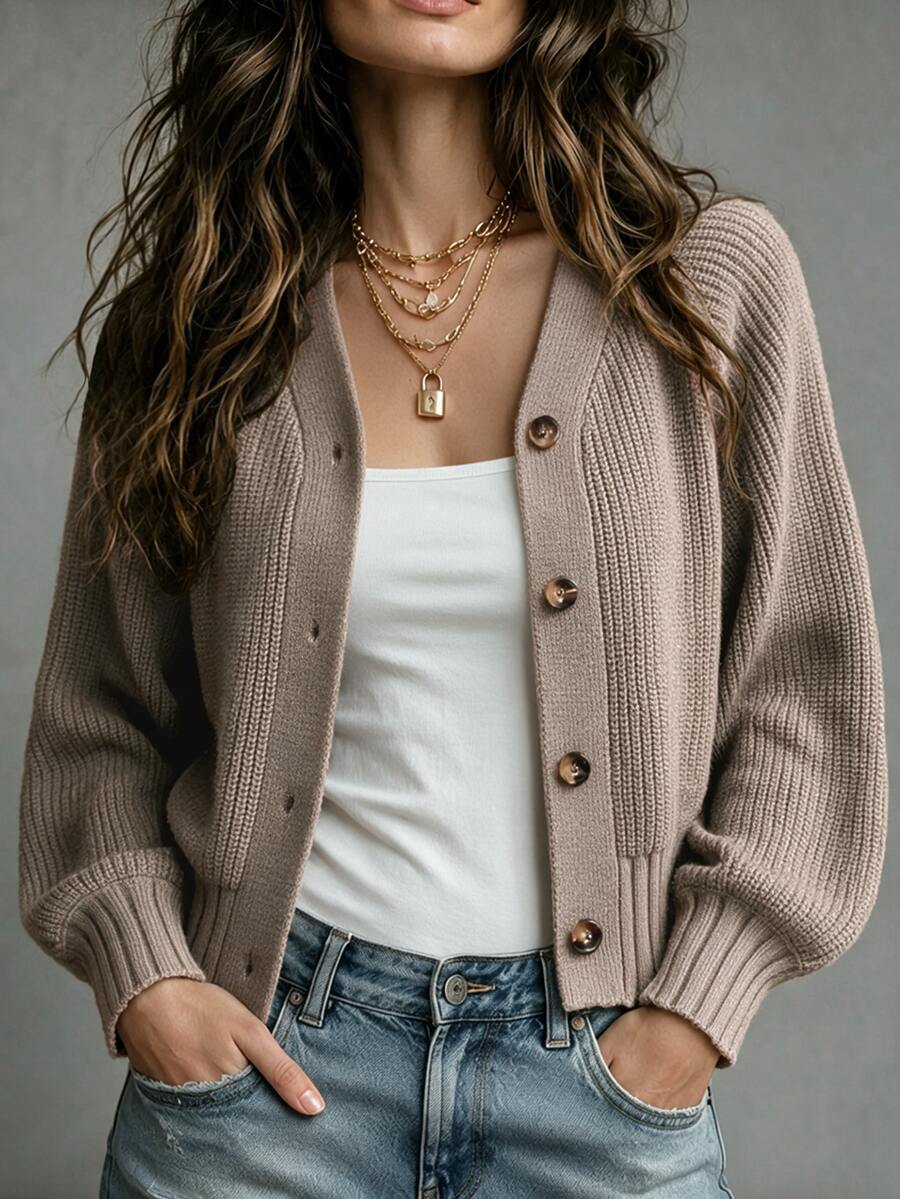 SHEIN 秋冬休閒百搭純色開襟毛衣 - 摩卡棕 - 查看 1
