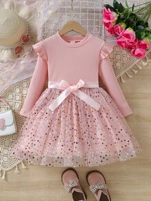 SHEIN Young Girl Knitted Long-Sleeved Tutu Dress Star Mesh Princess Dress Autumn Fall - Pink - View 4