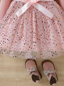 SHEIN Young Girl Knitted Long-Sleeved Tutu Dress Star Mesh Princess Dress Autumn Fall - Pink - View 7