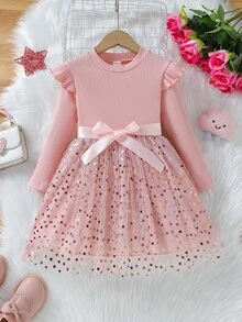 SHEIN Young Girl Knitted Long-Sleeved Tutu Dress Star Mesh Princess Dress Autumn Fall - Pink - View 8