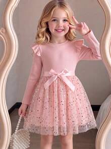 SHEIN Young Girl Knitted Long-Sleeved Tutu Dress Star Mesh Princess Dress Autumn Fall - Pink - View 1