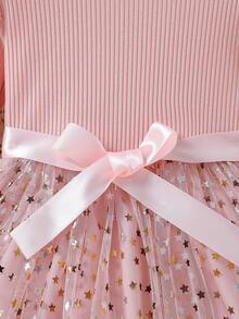 SHEIN Young Girl Knitted Long-Sleeved Tutu Dress Star Mesh Princess Dress Autumn Fall - Pink - View 6